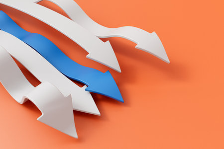 Arrows moving in the same direction with one standing out. Business strategy and leadership. 3D Renderingの写真素材