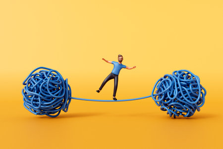 A man stood on a tangled ball of string. Overcoming stress and mental health. 3D Renderingの写真素材