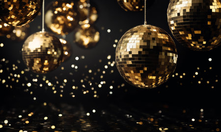 Gold mirror disco ball background with sparkling lightsの素材