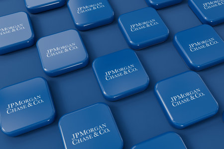 LONDON, UK - July 2023: JP Morgan Chase bank company logo. 3D Renderingのeditorial素材