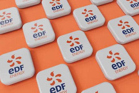 LONDON, UK - July 2023: EDF gas and electricity energy supplier company logo. 3D Renderingのeditorial素材
