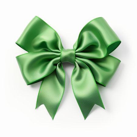 Realistic green party gift bow decoration against a white backgroundの素材