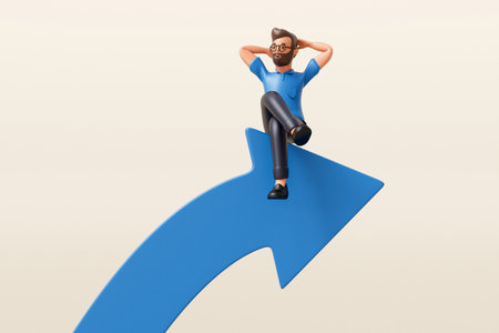 A businessman sitting relaxing on a direction arrow. Business development. 3D Renderingの写真素材