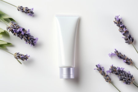 blank cosmetics products containers with fresh natural lavender flowersの素材