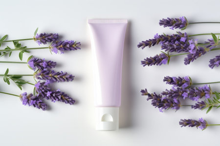 blank cosmetics products containers with fresh natural lavender flowersの素材