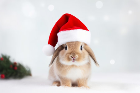 Cute portrait of an adorable festive Christmas rabbit wearing a Santa hatの素材