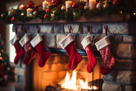 Christmas stockings hanging over a cosy fireplace on Christmas eveの素材