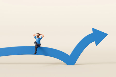A businessman sitting relaxing on a direction arrow. Business development. 3D Renderingの写真素材