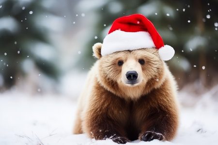 Portrait of an adorable festive Christmas bear wearing a Santa hat in a winter landscapeの素材