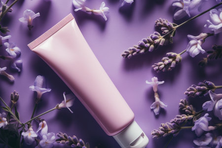 blank cosmetics products containers with fresh natural lavender flowersの素材