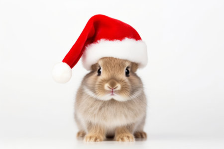 Cute portrait of an adorable festive Christmas rabbit wearing a Santa hatの素材