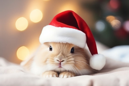 Cute portrait of an adorable festive Christmas rabbit wearing a Santa hatの素材