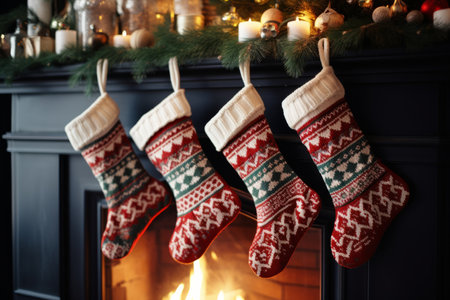 Christmas stockings hanging over a cosy fireplace on Christmas eveの素材