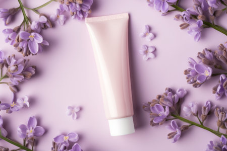 blank cosmetics products containers with fresh natural lavender flowersの素材