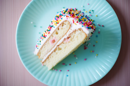 Overhead flat lay view of a slice of birthday party celebration cakeの素材