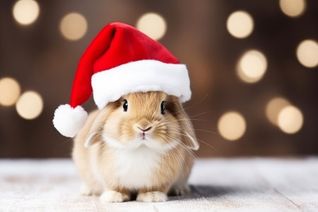 Cute portrait of an adorable festive Christmas rabbit wearing a Santa hatの素材