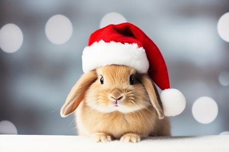 Cute portrait of an adorable festive Christmas rabbit wearing a Santa hatの素材