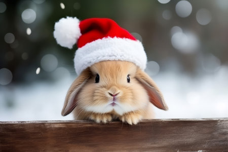 Cute portrait of an adorable festive Christmas rabbit wearing a Santa hatの素材
