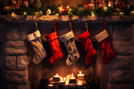 Christmas stockings hanging over a cosy fireplace on Christmas eveの素材