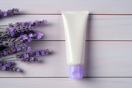 blank cosmetics products containers with fresh natural lavender flowersの素材