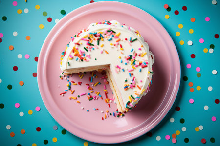 Overhead flat lay view of a slice of birthday party celebration cakeの素材