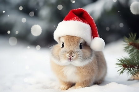 Cute portrait of an adorable festive Christmas rabbit wearing a Santa hatの素材