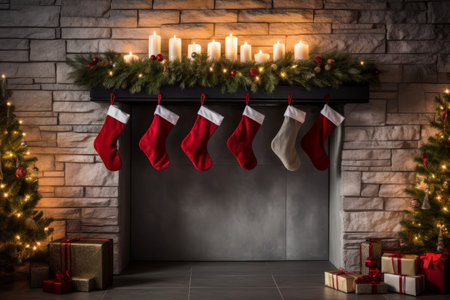Christmas stockings hanging over a cosy fireplace on Christmas eveの素材