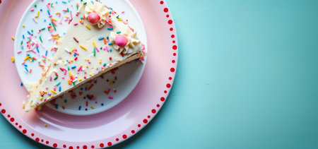Overhead flat lay view of a slice of birthday party celebration cakeの素材