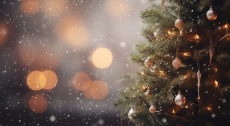 Christmas tree with blurred bokeh festive fairy lightsの素材