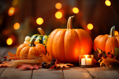 Autumn table decoration with pumpkins for halloween and thanksgivingの素材
