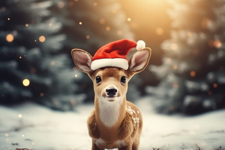 A festive reindeer wearing a Christmas santa hat stood in a snowy forestの素材