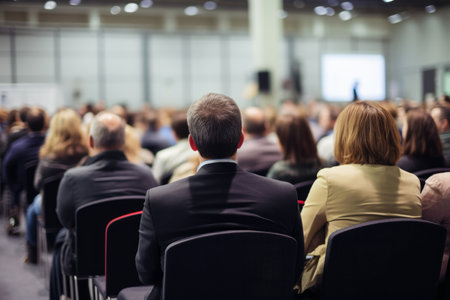rear view of an audience in a conference hall listening to a business speakerの素材