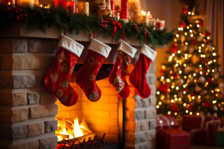 Christmas stockings hanging over a cosy fireplace on Christmas eveの素材