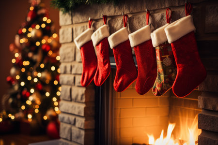 Christmas stockings hanging over a cosy fireplace on Christmas eveの素材
