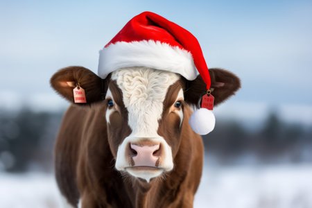 Portrait of a cow wearing a Christmas Santa hatの素材