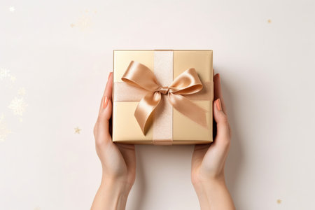 Overhead view of a woman holding a christmas present with ribbon bowの素材