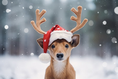 A festive reindeer wearing a Christmas santa hat stood in a snowy forestの素材