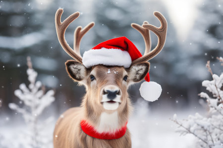 A festive reindeer wearing a Christmas santa hat stood in a snowy forestの素材