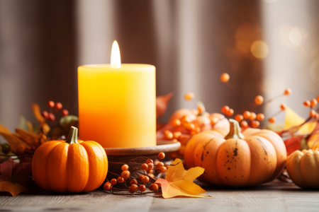 Autumn table decoration with pumpkins for halloween and thanksgivingの素材
