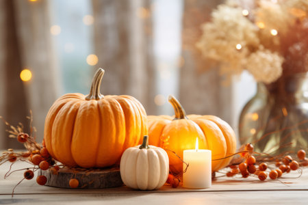 Autumn table decoration with pumpkins for halloween and thanksgivingの素材