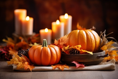 Autumn table decoration with pumpkins for halloween and thanksgivingの素材
