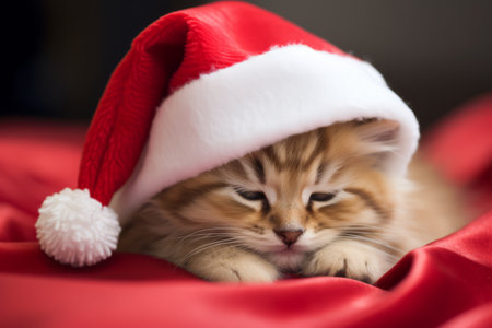 Cute little festive kitten wearing a Father Christmas santa hatの素材