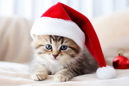Cute little festive kitten wearing a Father Christmas santa hatの素材