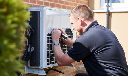 An air source heat pump heating unit installed on the outside of a house by an engineerの素材