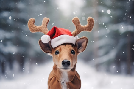 A festive reindeer wearing a Christmas santa hat stood in a snowy forestの素材