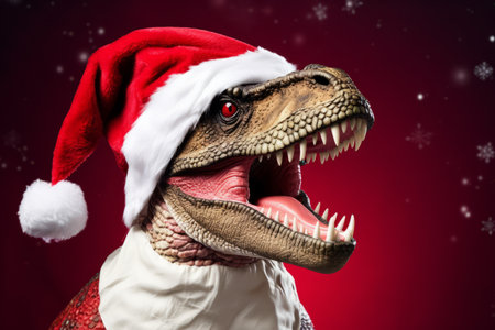A festive Christmas dinosaur wearing a Santa hatの素材