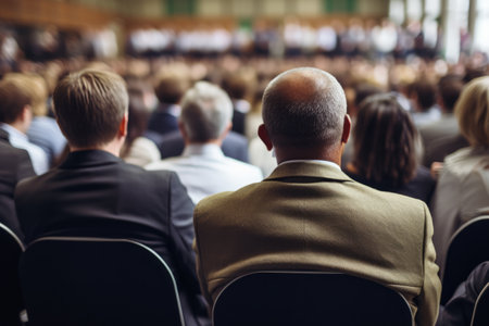 rear view of an audience in a conference hall listening to a business speakerの素材