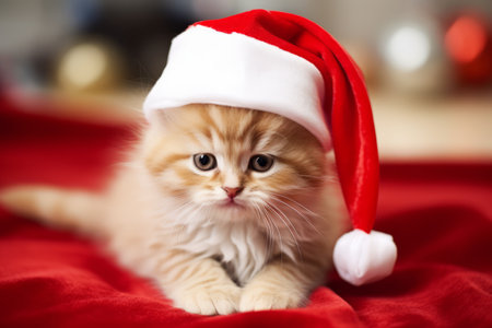 Cute little festive kitten wearing a Father Christmas santa hatの素材