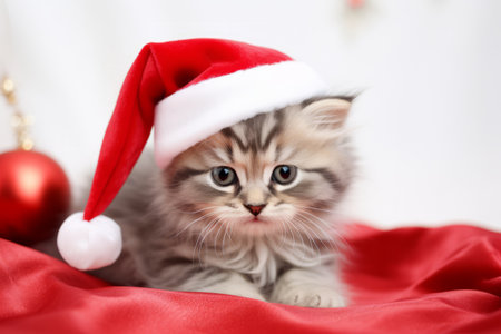 Cute little festive kitten wearing a Father Christmas santa hatの素材