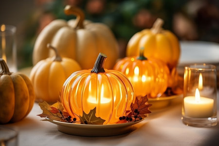 Autumn table decoration with pumpkins for halloween and thanksgivingの素材